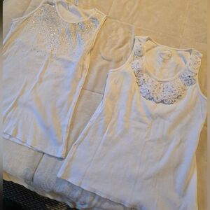 2 White Sleeveless Tops with Embellishments